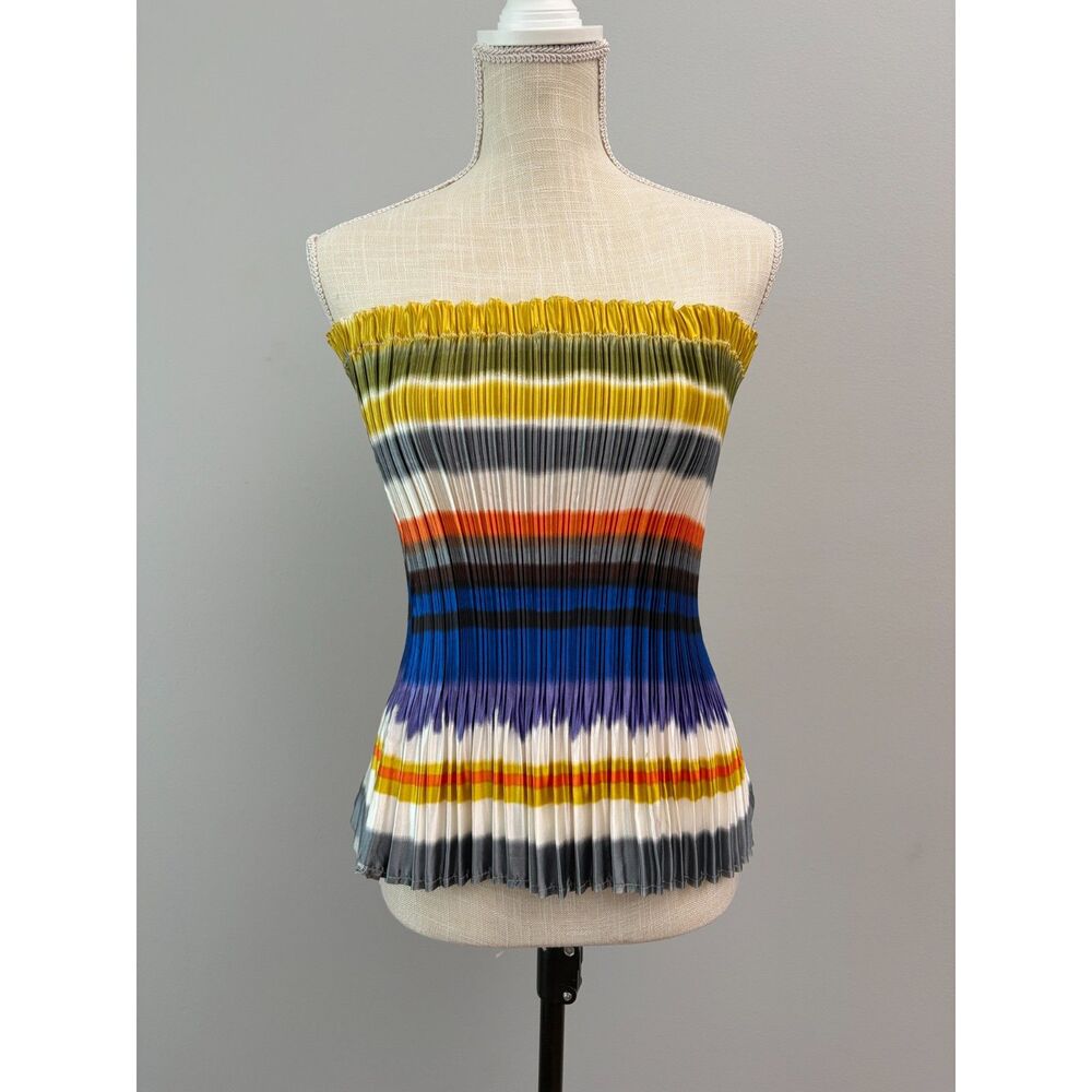 Micro Pleated Multi Color Striped Tube Top Plisse Stretch Bandeau Med Y2K 90's